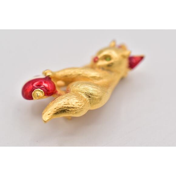 Vero Vintage Christmas Kitten Pin Brooch Cat Brushed Gold Red Bow Signed BinBP - Picture 6 of 12